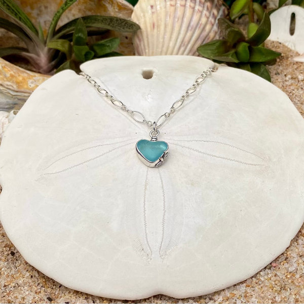 Light Aqua Signature Sea Glass Heart Necklace — Sterling Silver