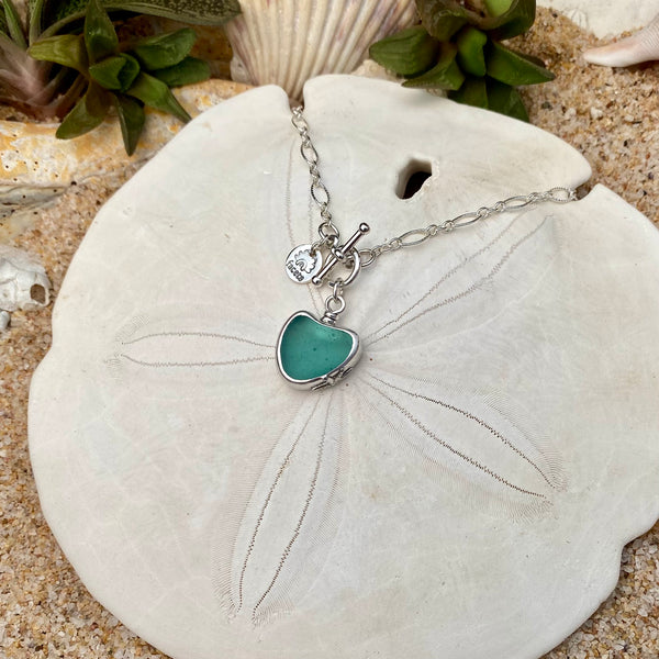 Teal Signature Sea Glass Heart Necklace — Sterling Silver