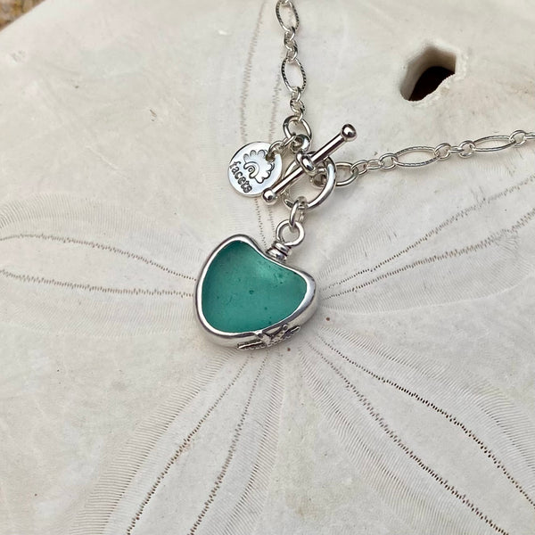 Teal Signature Sea Glass Heart Necklace — Sterling Silver