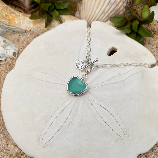 Teal Signature Sea Glass Heart Necklace — Sterling Silver