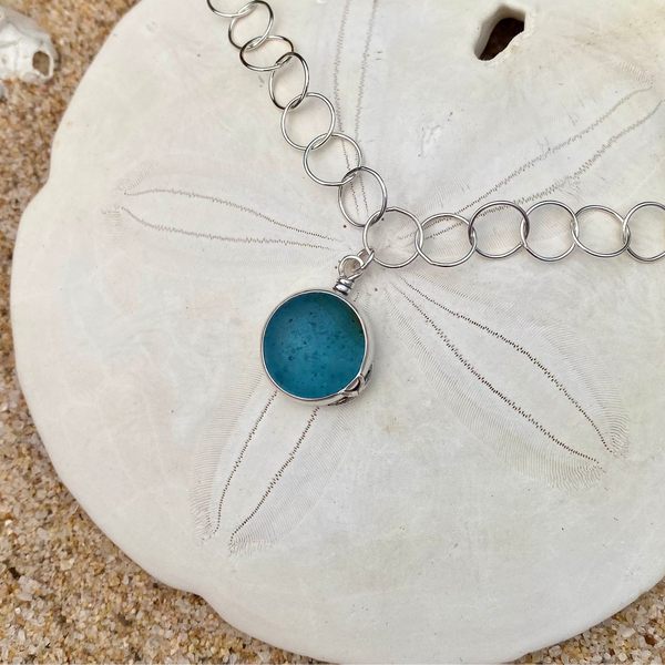 Deep Ocean Blue Marble Necklace — Sterling Silver