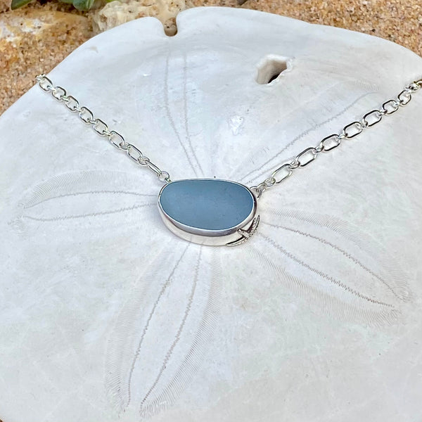 Deep Steel Blue Sea Glass Statement Necklace — Sterling Silver