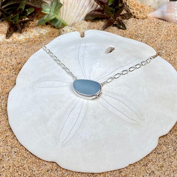 Deep Steel Blue Sea Glass Statement Necklace — Sterling Silver