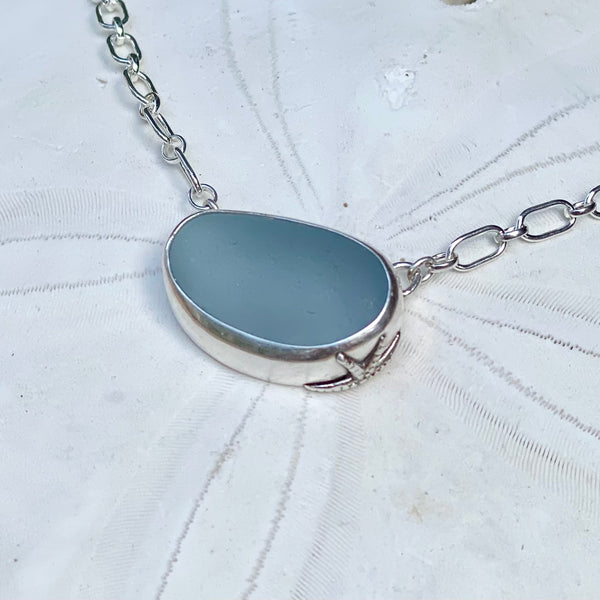 Deep Steel Blue Sea Glass Statement Necklace — Sterling Silver