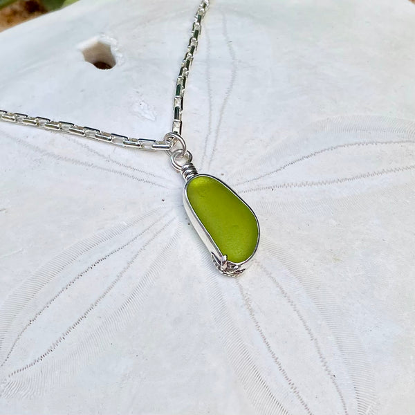 Moss Green Sea Glass Drop Pendant — Sterling Silver