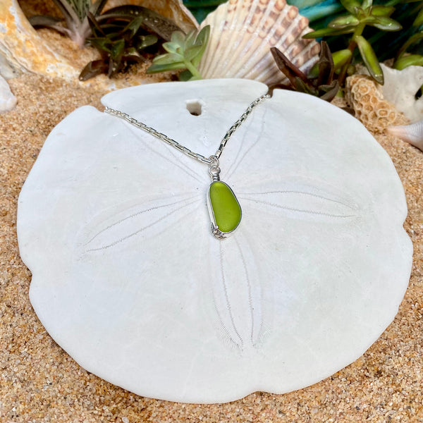 Moss Green Sea Glass Drop Pendant — Sterling Silver