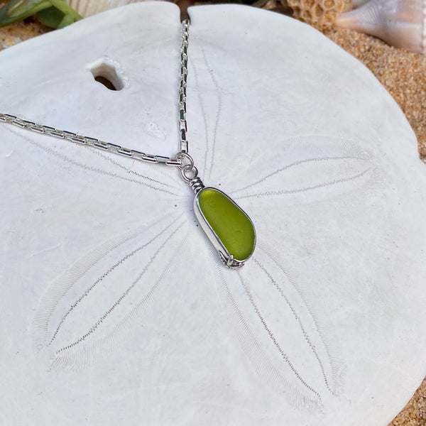 Moss Green Sea Glass Drop Pendant — Sterling Silver