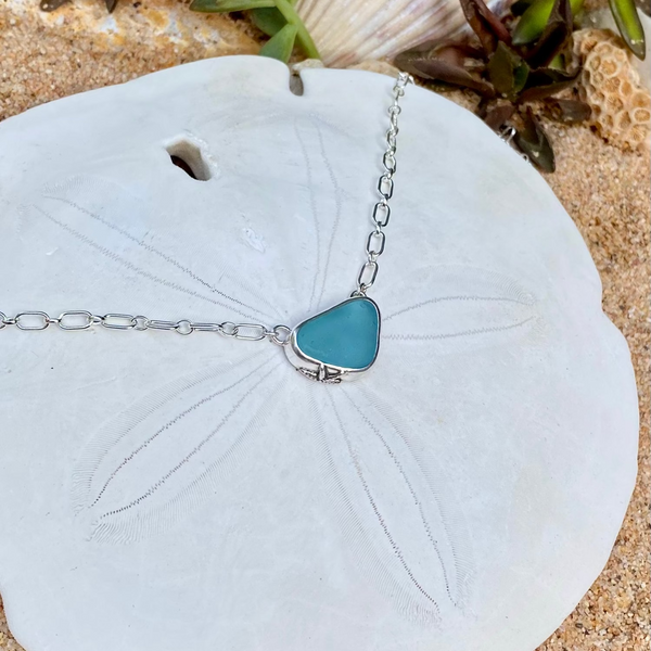 Steel Blue Sea Glass Necklace — Sterling Silver