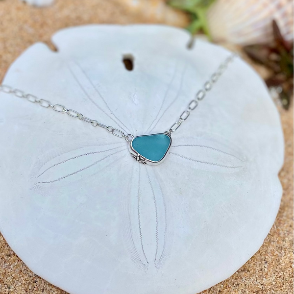 Steel Blue Sea Glass Necklace — Sterling Silver