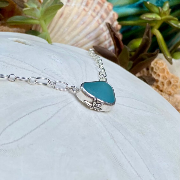 Steel Blue Sea Glass Necklace — Sterling Silver
