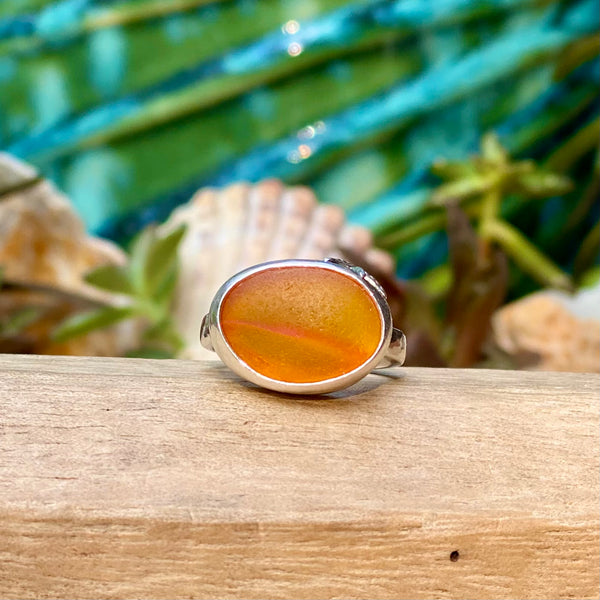 Orange Striped Signature Sea Glass Ring — Sterling Silver