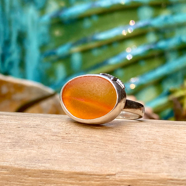 Orange Striped Signature Sea Glass Ring — Sterling Silver