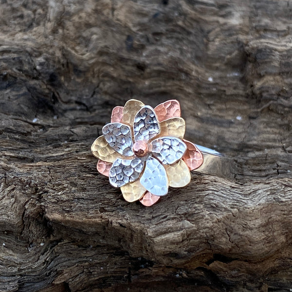 Tri-colored Plumeria Spinner Ring — Sterling Silver