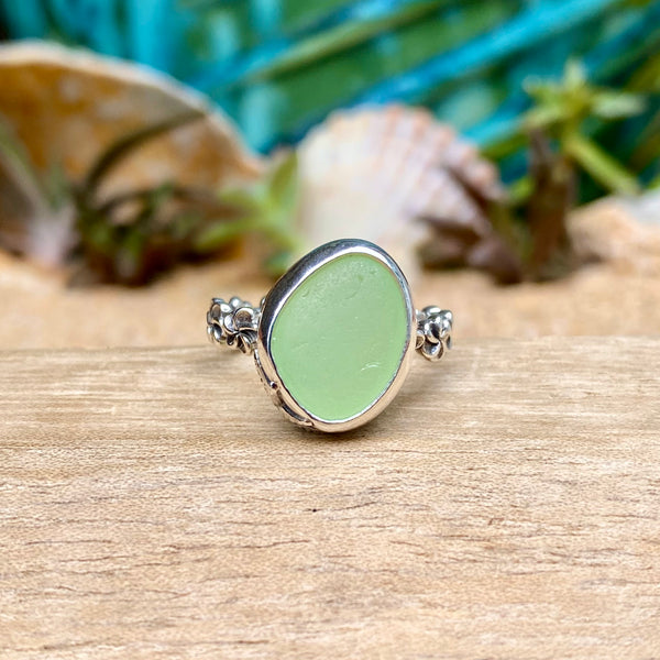 A silver ring with a smooth, rounded light green stone, displayed on a wooden surface with blurred seashells and tropical foliage in the background.