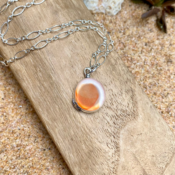 Orange Swirl Ohajiki Sea Glass Pendant— Sterling Silver