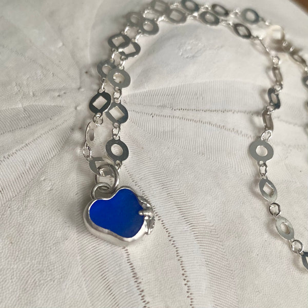 Tiny Cobalt Sea Glass Heart Necklace— Sterling Silver