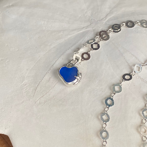 Tiny Cobalt Sea Glass Heart Necklace— Sterling Silver