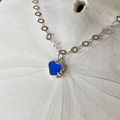 Tiny Cobalt Sea Glass Heart Necklace— Sterling Silver