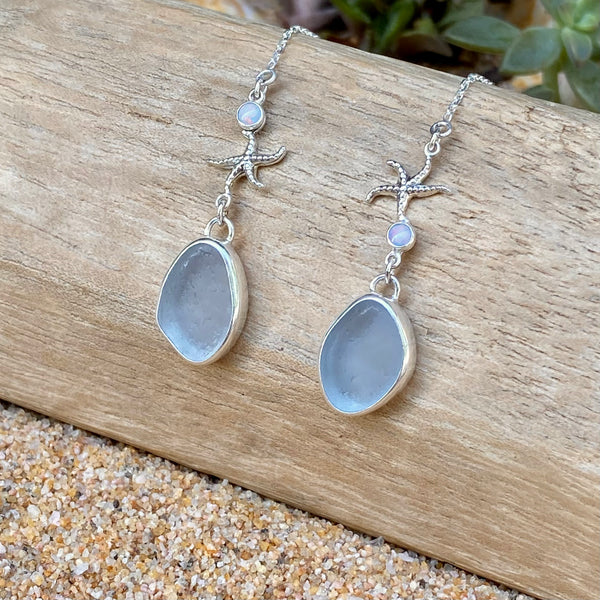 Ice Blue Sea Glass and Opal Threader Earrings — Sterling Silver
