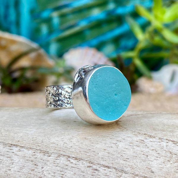 Turquoise Sea Glass Marble Ring — Sterling Silver