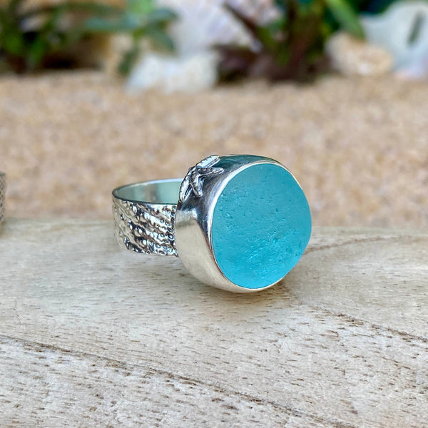 Turquoise Sea Glass Marble Ring — Sterling Silver