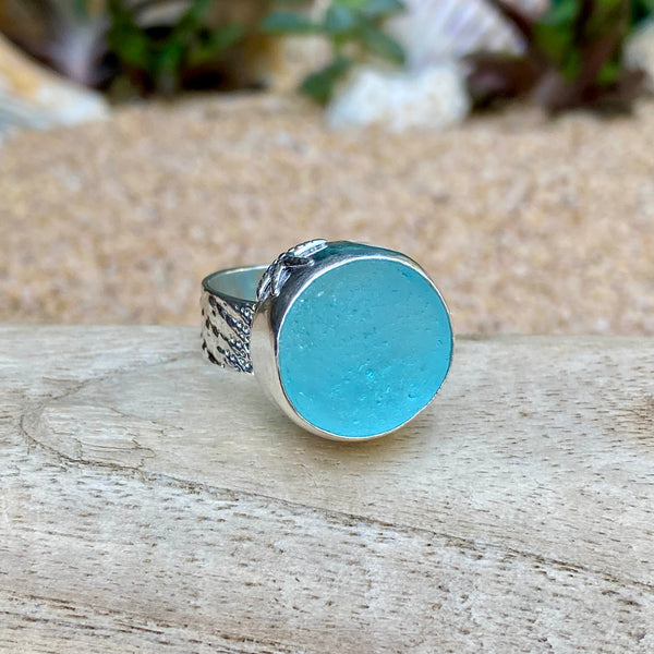 Turquoise Sea Glass Marble Ring — Sterling Silver