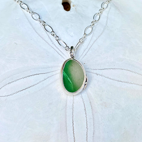 Green Twist Oval Sea Marble Pendant — Sterling Silver