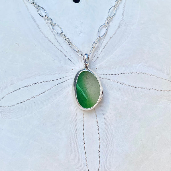 Green Twist Oval Sea Marble Pendant — Sterling Silver