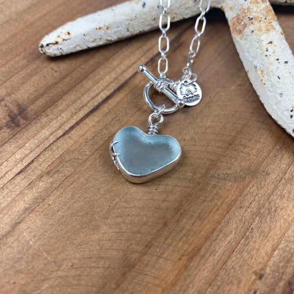 Pale Blue Sea Glass Heart Pendant — Sterling Silver