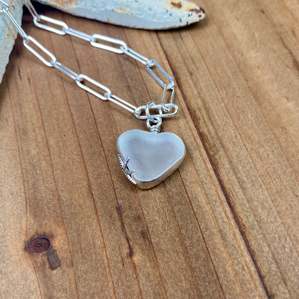 Frosty White Sea Glass Heart Pendant — Sterling Silver