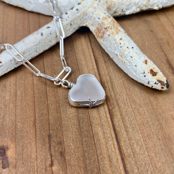 Frosty White Sea Glass Heart Pendant — Sterling Silver