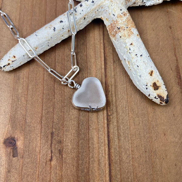 Frosty White Sea Glass Heart Pendant — Sterling Silver