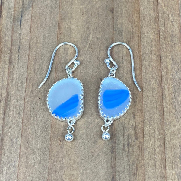 Blue Marble  Sea Glass Drop Earrings — Sterling Silver