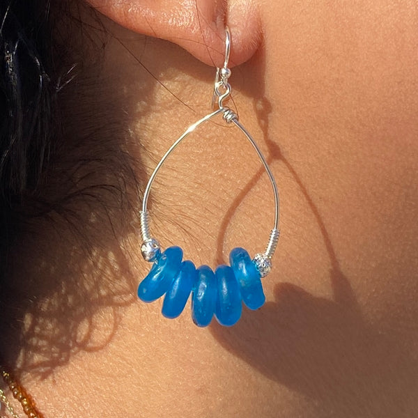 African Recycled  Ocean Blue Glass Hoops — Sterling Silver
