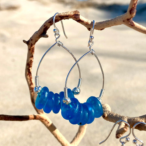 African Recycled  Ocean Blue Glass Hoops — Sterling Silver