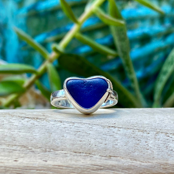 Cobalt Blue Signature Sea Glass Heart Ring — Sterling Silver