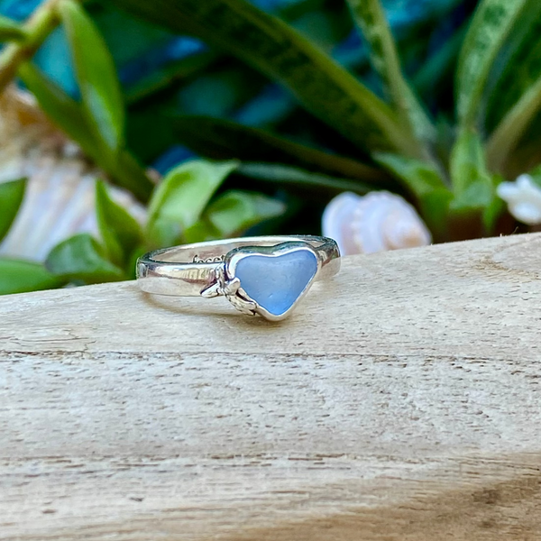 Cornflower Blue Signature Sea Glass Heart Ring — Sterling Silver