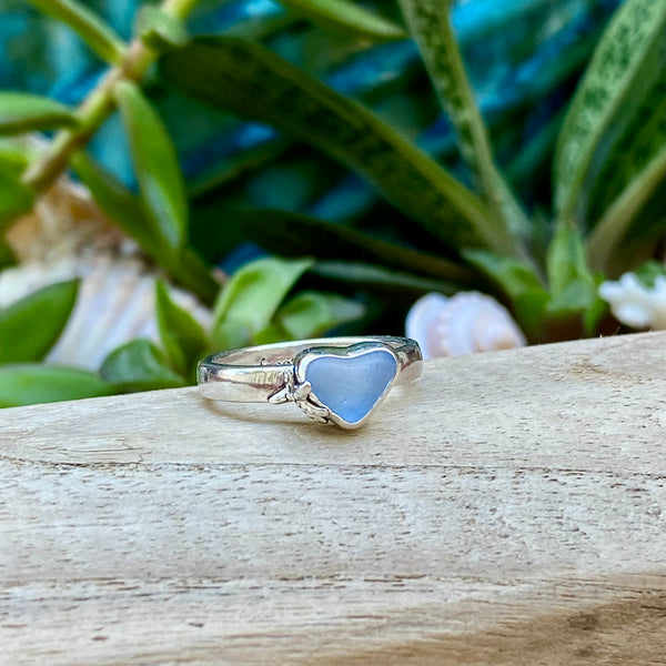 Cornflower Blue Signature Sea Glass Heart Ring — Sterling Silver