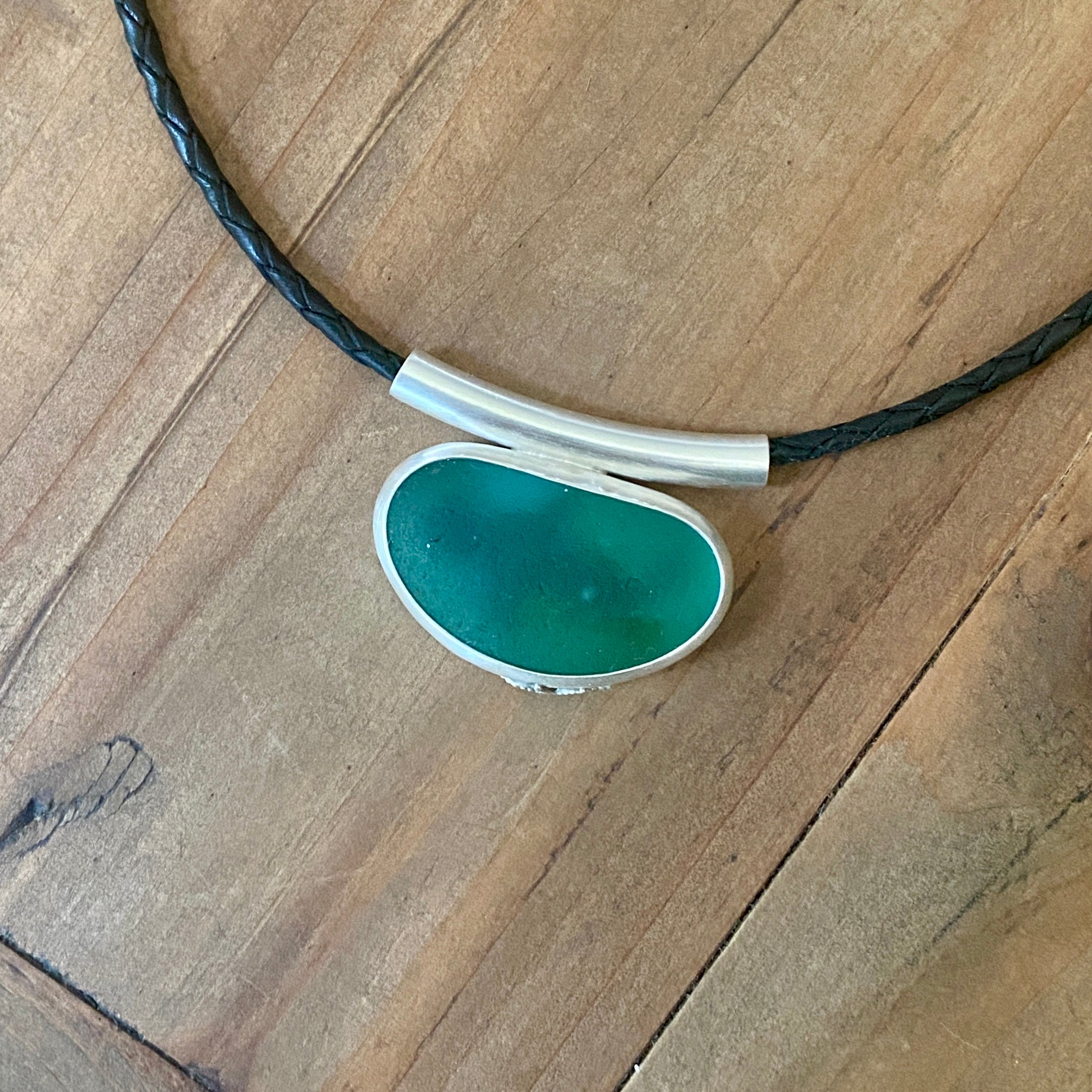 Teal Green Glass Shark Medallion — Sterling Silver