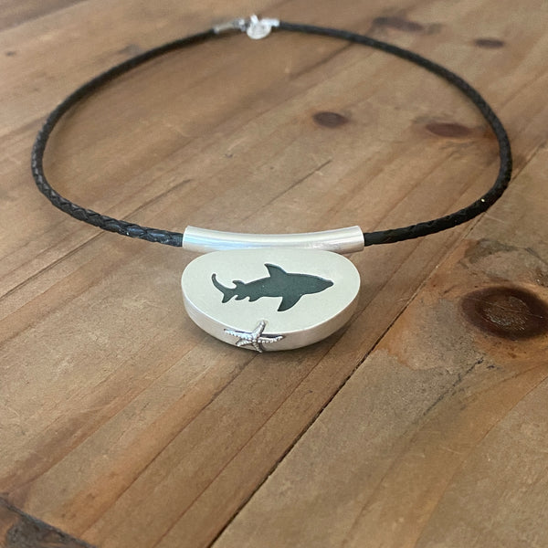 Teal Green Glass Shark Medallion — Sterling Silver