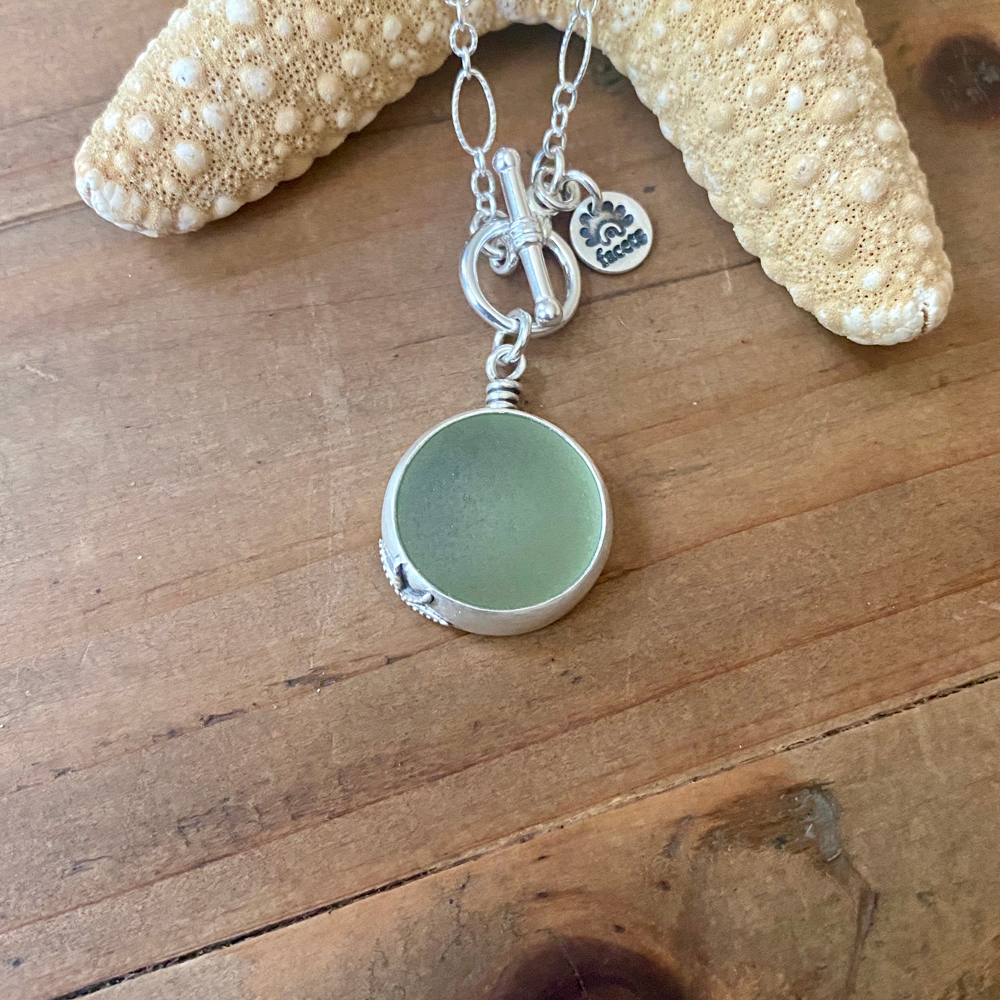 Signature Pale Olive Green Sea Glass Marble Pendant— Sterling Silver