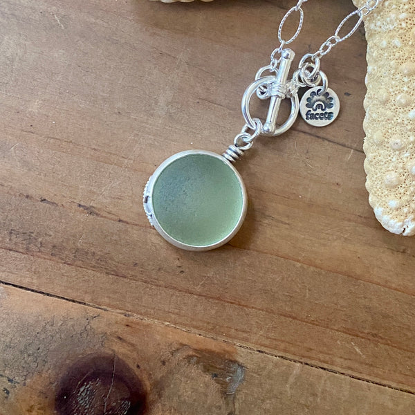 Signature Pale Olive Green Sea Glass Marble Pendant— Sterling Silver