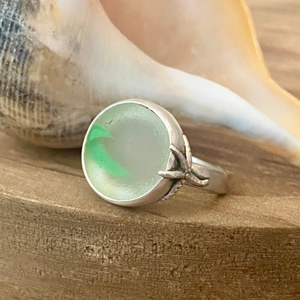 Mermaid Tail Sea Glass Marble Ring — Sterling Silver