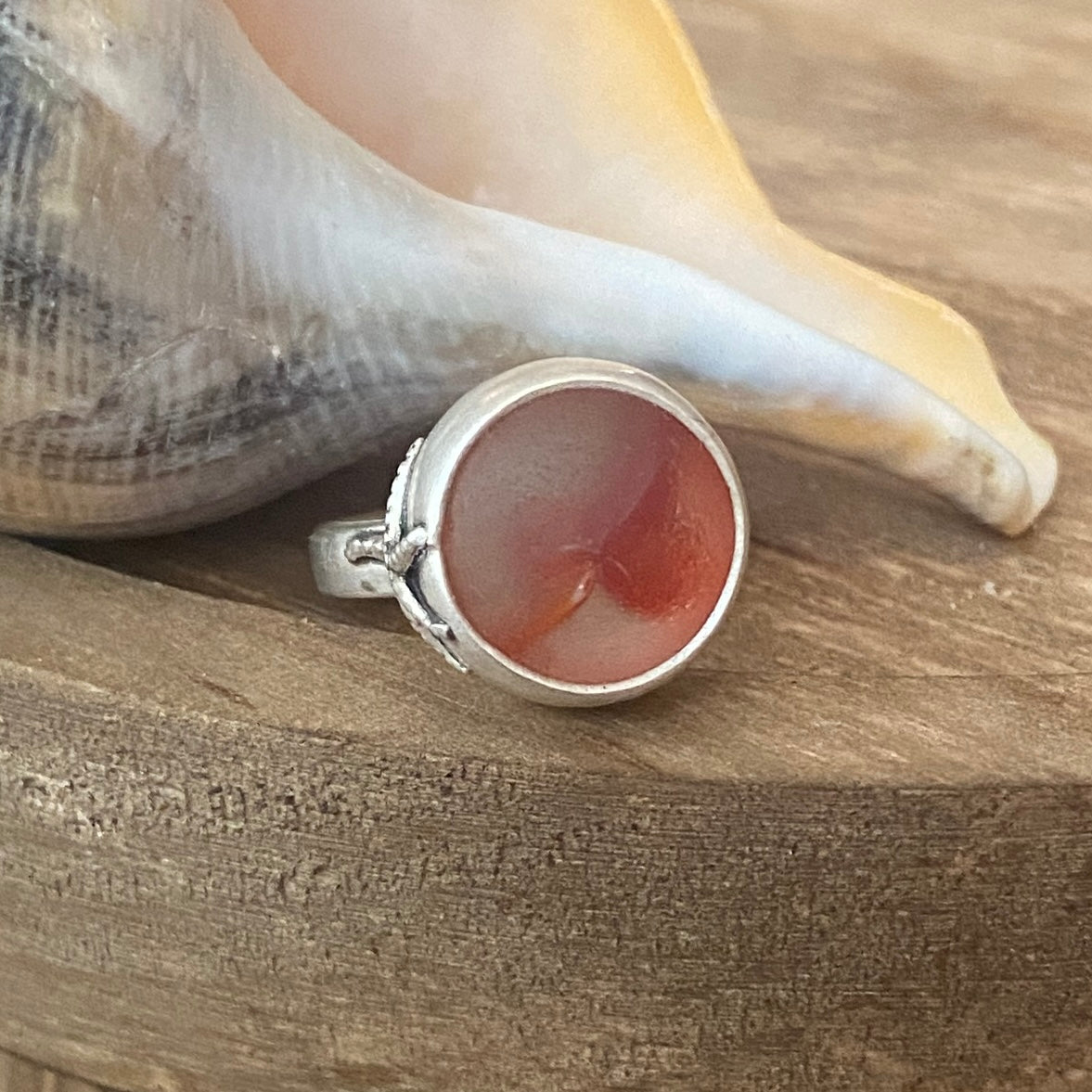 Red Swish Sea Glass Marble Ring — Sterling Silver