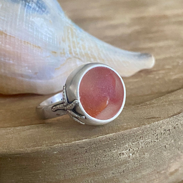 Red Swish Sea Glass Marble Ring — Sterling Silver