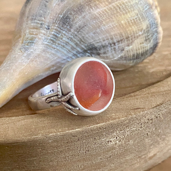 Red Swish Sea Glass Marble Ring — Sterling Silver