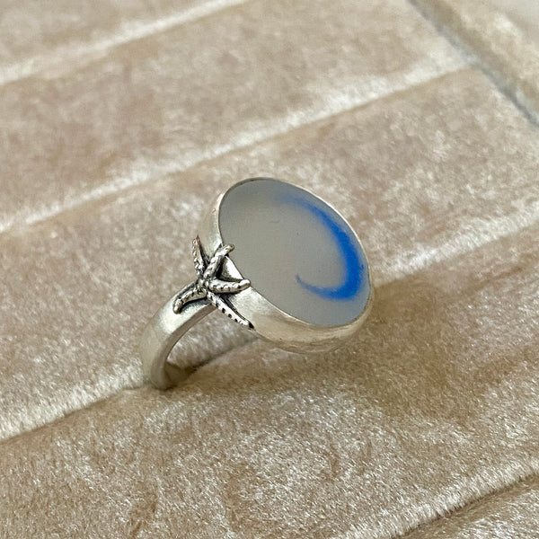 Blue Swish Ohajiki Sea Glass Ring — Sterling Silver