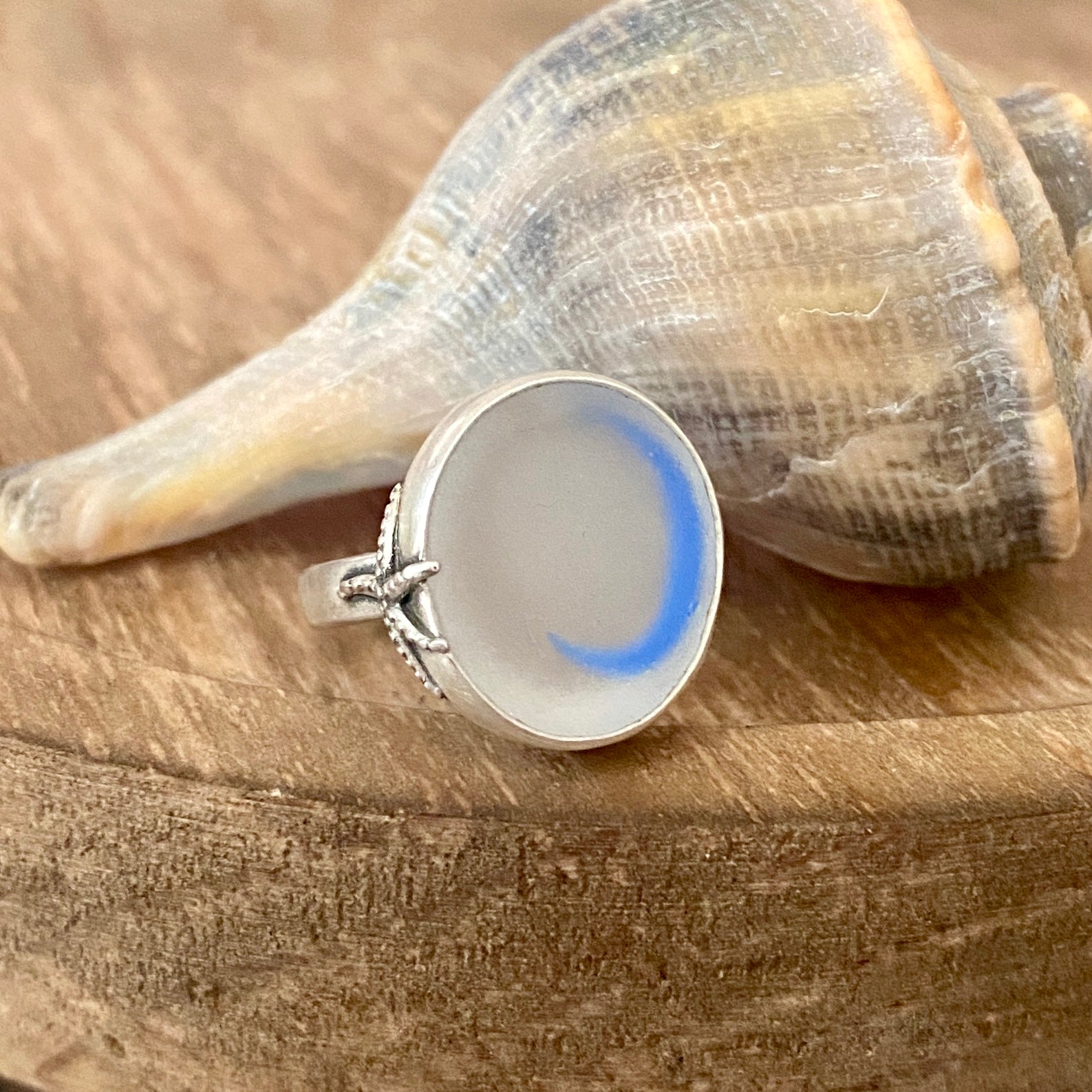 Blue Swish Ohajiki Sea Glass Ring — Sterling Silver