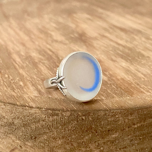 Blue Swish Ohajiki Sea Glass Ring — Sterling Silver