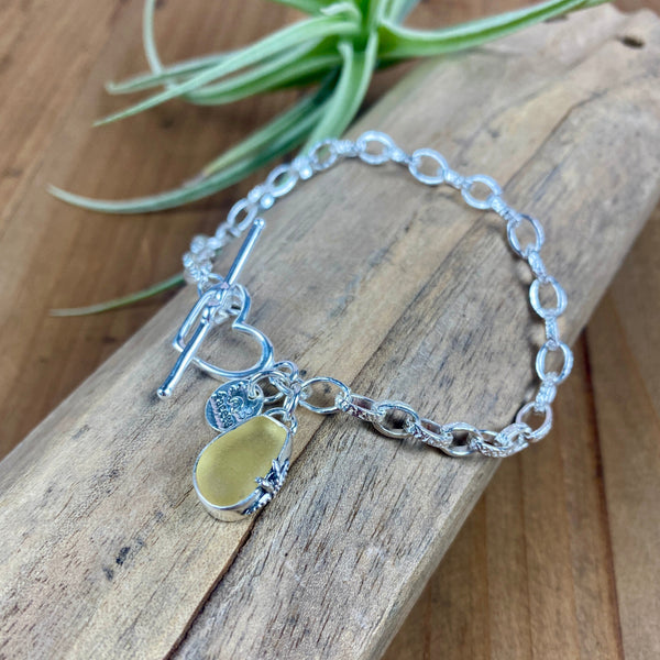 Pale Yellow Sweetheart Sea Glass Toggle Bracelet — Sterling Silver